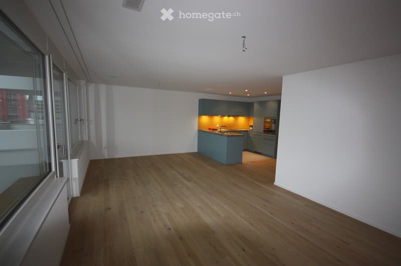 Open-plan space with wooden flooring, modern kitchen area featuring a kitchen island, cabinets, and a sink, large windows with a view, and recessed lighting.