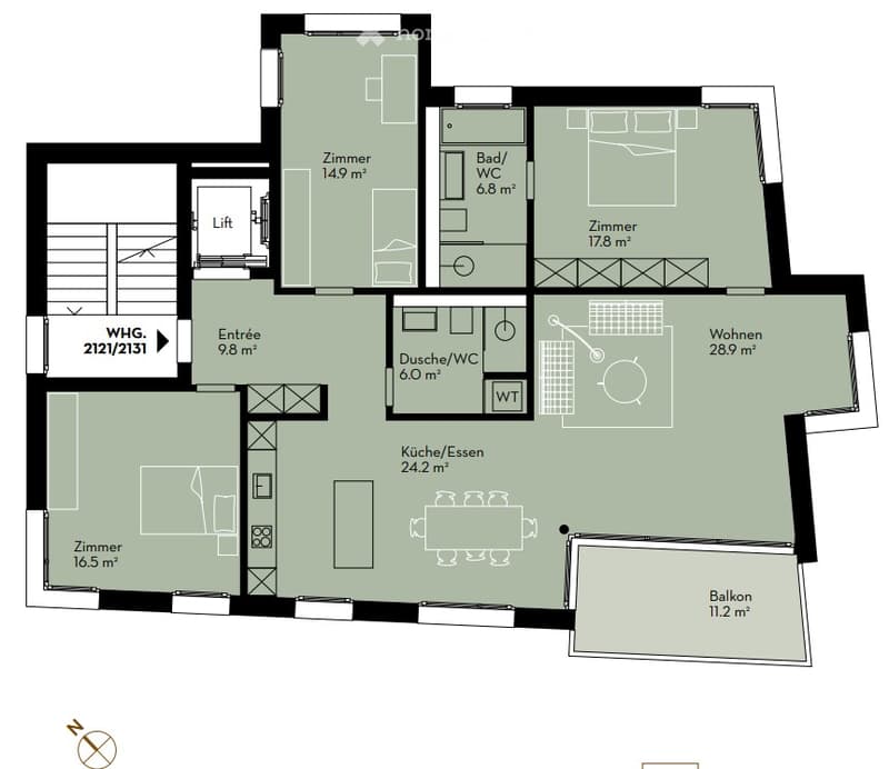 Floor plan of a 2-story apartment with living room, kitchen, 3 bedrooms, 2 bathrooms, and a balcony.