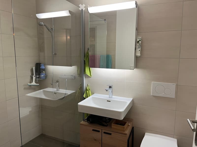 Modern bathroom with two sinks, a large mirror with built-in lighting, a glass-enclosed shower, and a wooden cabinet with drawers.