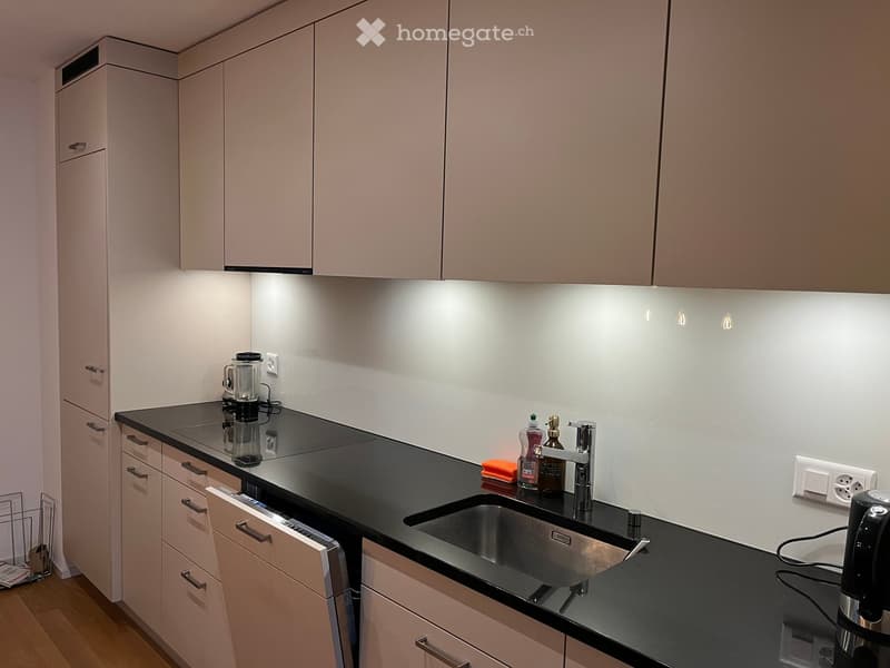 Modern kitchen with light-colored cabinets, black countertops, stainless steel sink, and various appliances including a blender and coffee maker.