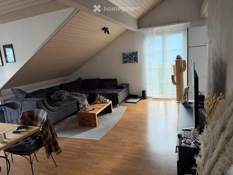 Modern living room with wooden floors, slanted wooden ceiling, large windows, sofa, coffee table, chair, TV, and decorative items.