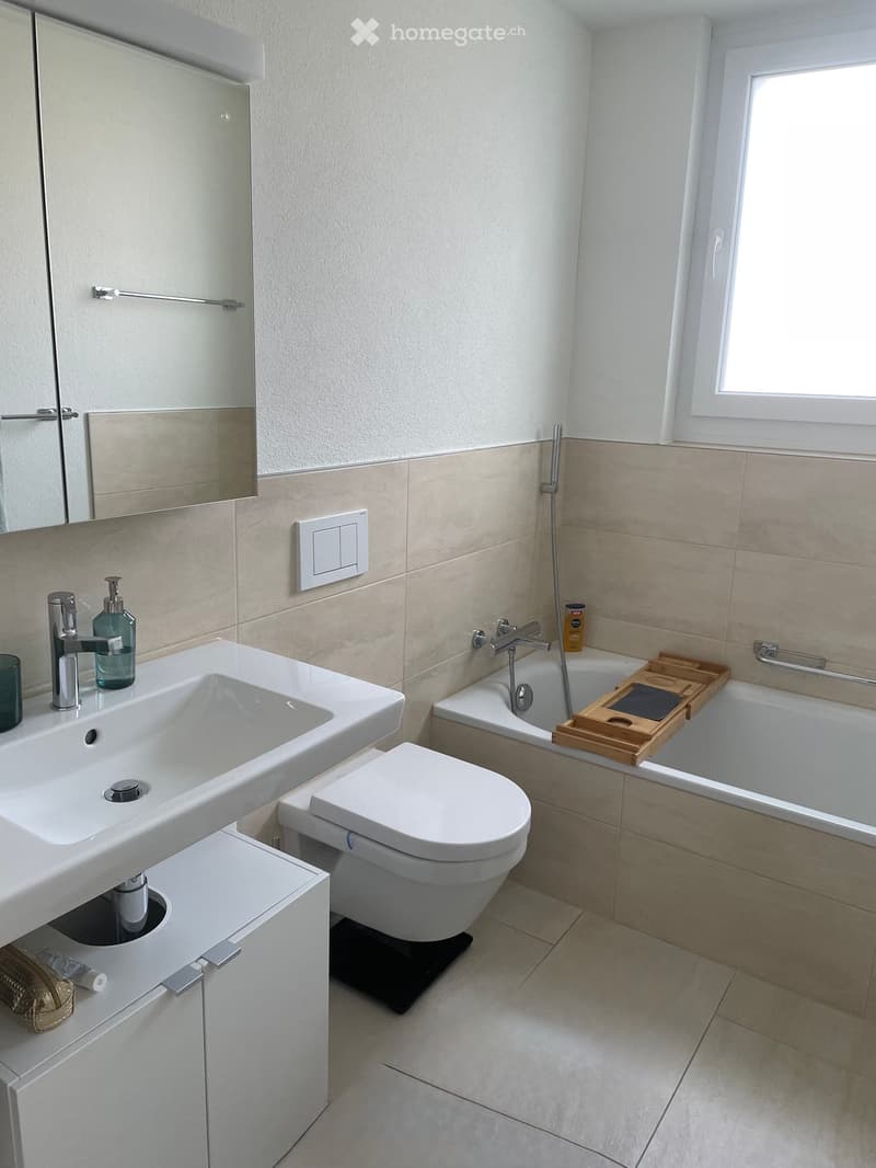 Modern bathroom with a white sink, toilet, bathtub, and large mirror. Includes a wooden tray on the edge of the bathtub and a soap dispenser on the sink.