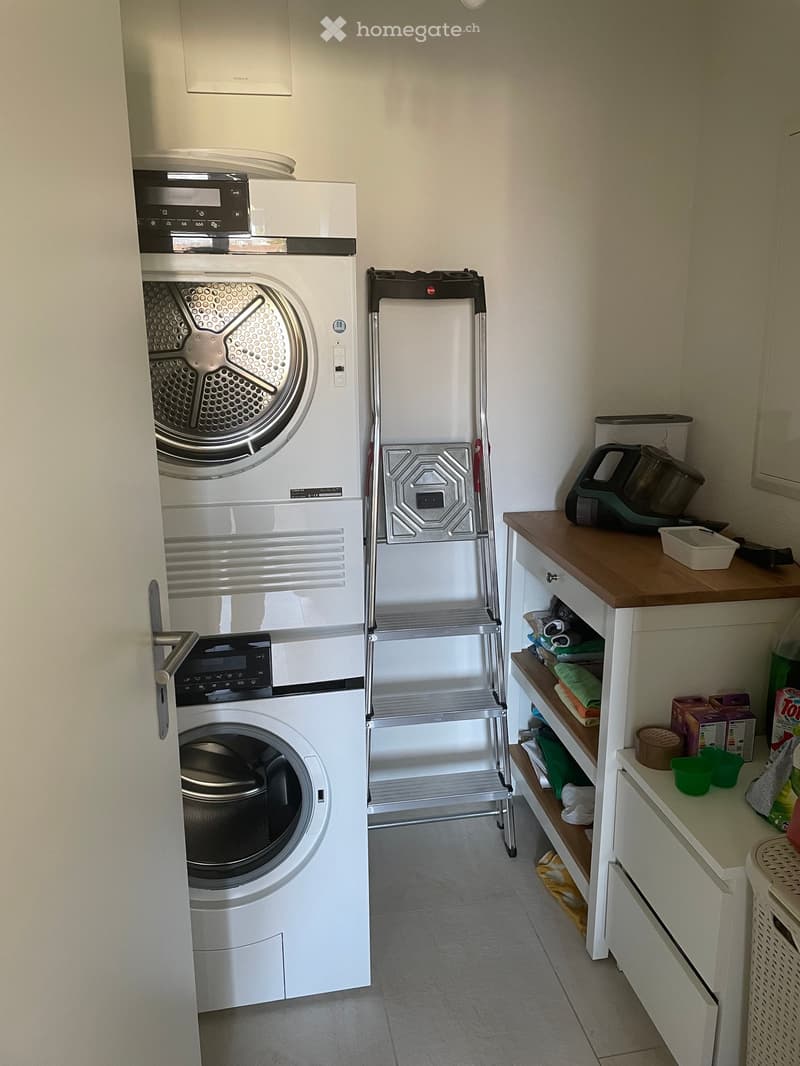 A small, well-organized laundry area with a washing machine, dryer, shelves, and a small wooden countertop.