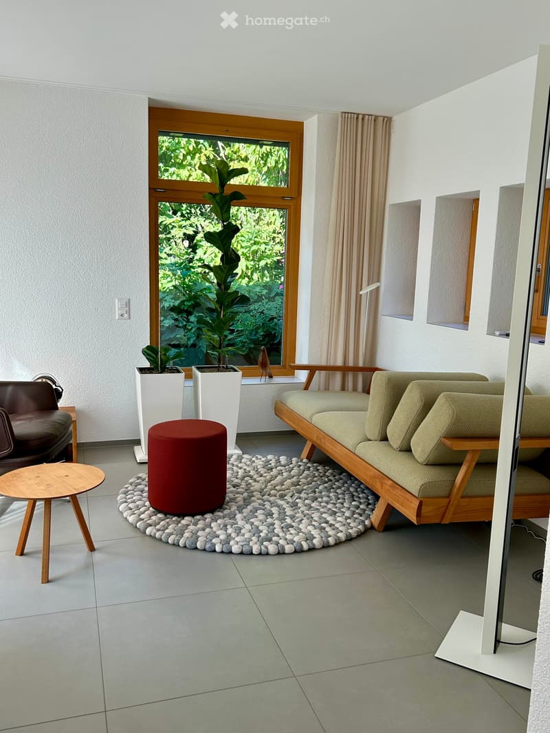 modern couch, two wooden side tables, round red ottoman, round rug on the floor, two potted plants in front of the window, light grey walls, wooden floor
