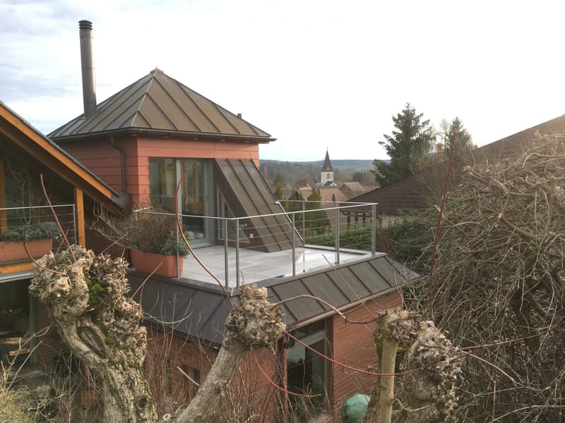 Red brick house, gray roof, balcony, window, chimney, glass wall
