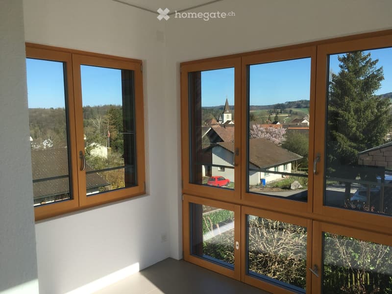 empty room, wooden double doors, glass walls, balcony