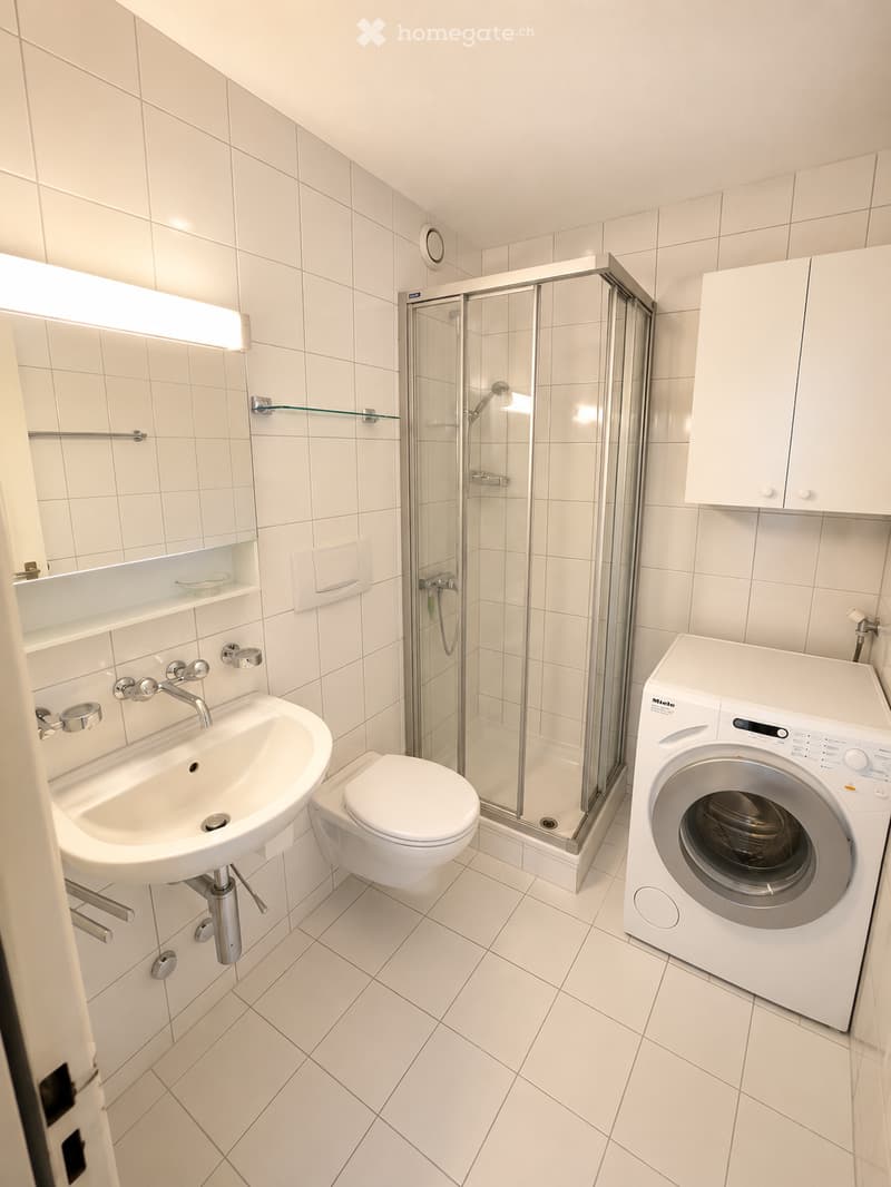 Modern bathroom with white tiles, a sink, toilet, glass-enclosed shower, washing machine, and built-in cabinet.