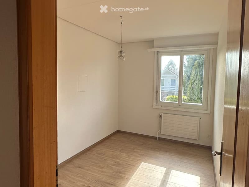 empty room, wooden floor, white walls, window, radiator, ceiling lamp