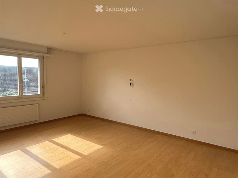empty room, wooden floor, white walls, window, radiator, power outlets