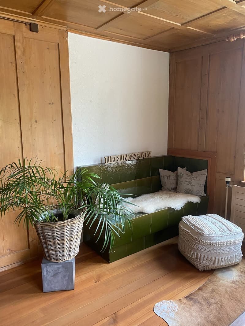 Cozy living space with wooden walls and ceiling, green sofa with white fur throw, decorative pillows, woven stool, and potted plant.