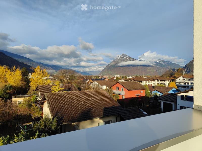 Balcony view overlooking a town with houses, trees, and distant snow-capped mountains under a partly cloudy sky.