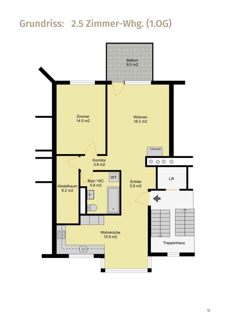 Floor plan of a 2.5-room apartment on the first floor, including a living area, bedroom, kitchen, bathroom, hallway, storage room, entrance, balcony, and staircase.
