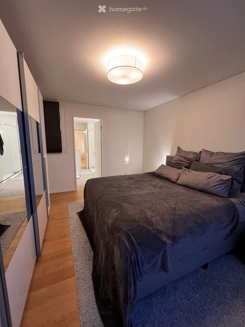 Modern bedroom with a large bed, grey bedding, a round ceiling light, a built-in wardrobe, and a mirror on the left side.