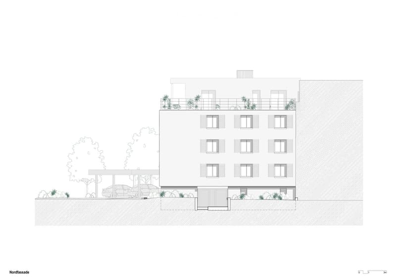 Architectural drawing of a modern multi-story building with a raised ground floor, garage, and rooftop terrace.