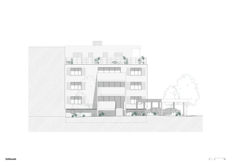 Architectural drawing of a modern multi-story building with a raised ground floor, multiple balconies, and a rooftop terrace.