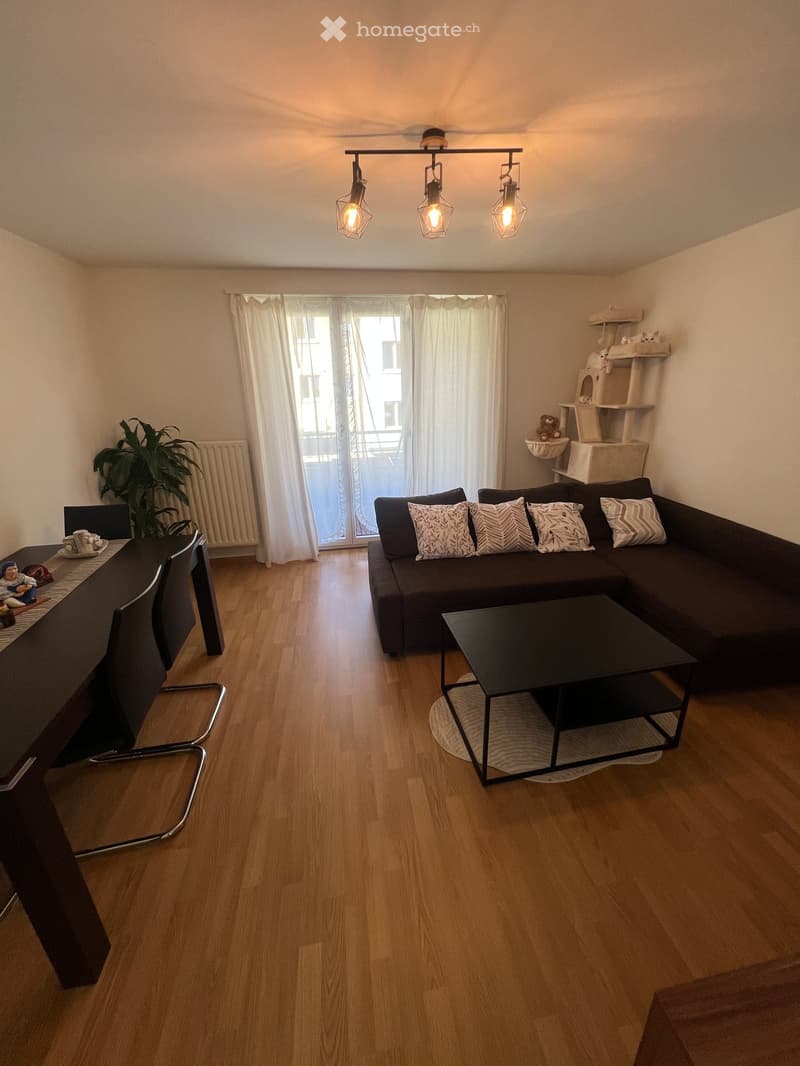 Modern living room with wooden flooring, a dark sectional sofa, a black coffee table, a dining table with chairs, and a cat tree in the corner.