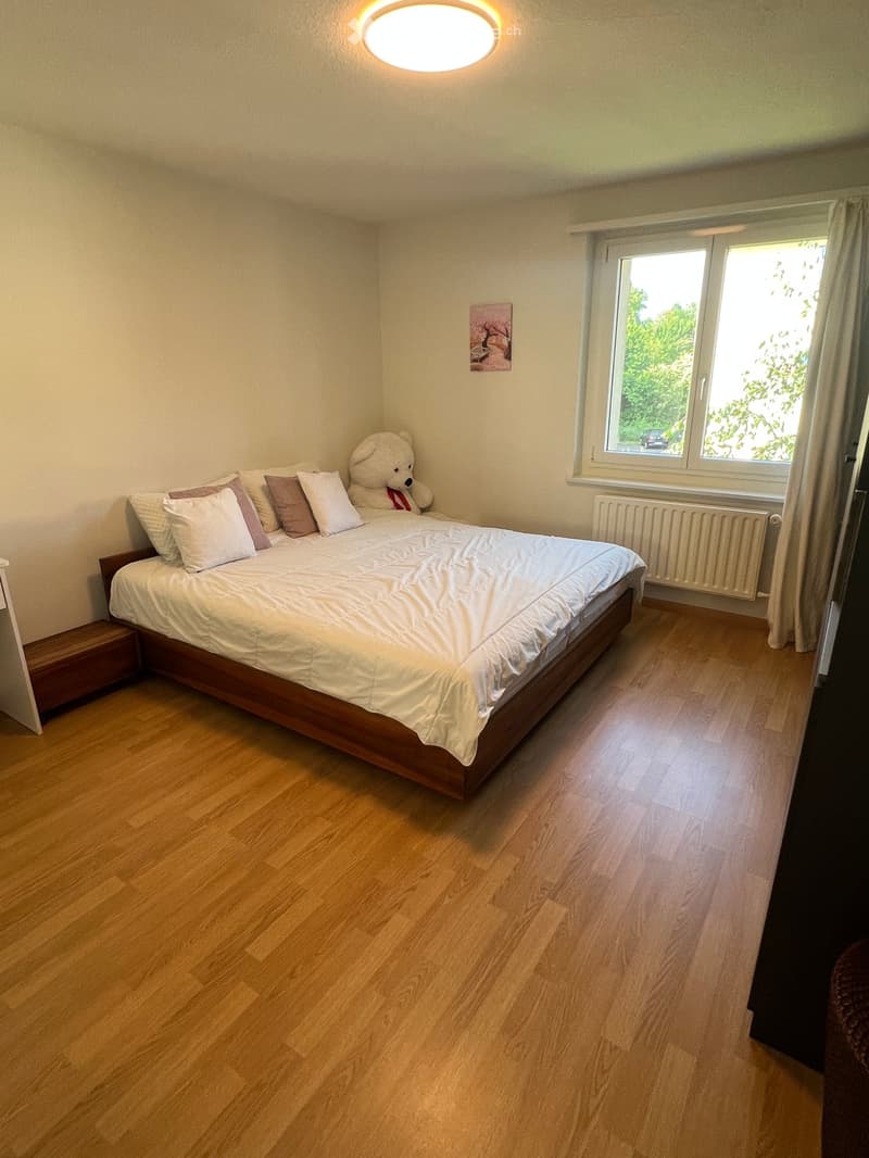Cozy bedroom with wooden flooring, a large bed with white bedding and multiple pillows, a teddy bear on the bed, a window with curtains, and a radiator below the window.