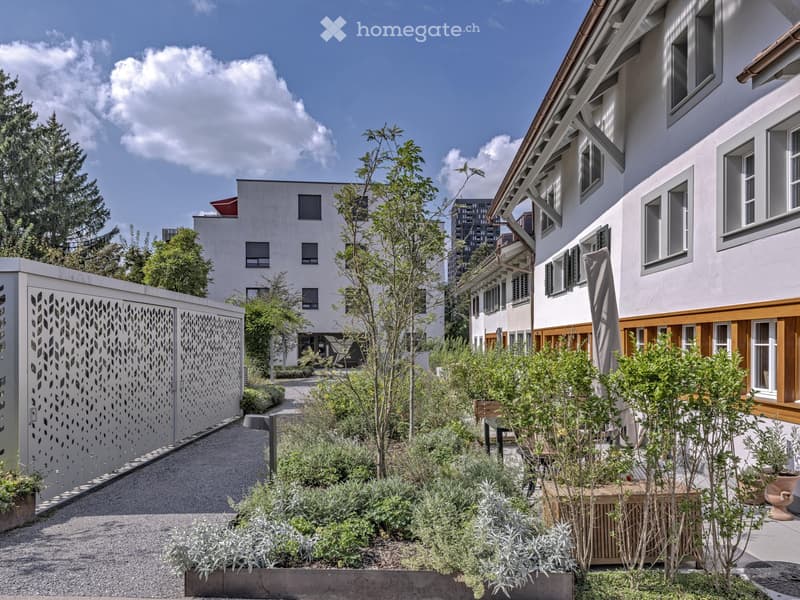Well-manicured garden, concrete pathway, raised planters, trees, shrubs, large white building in the background.