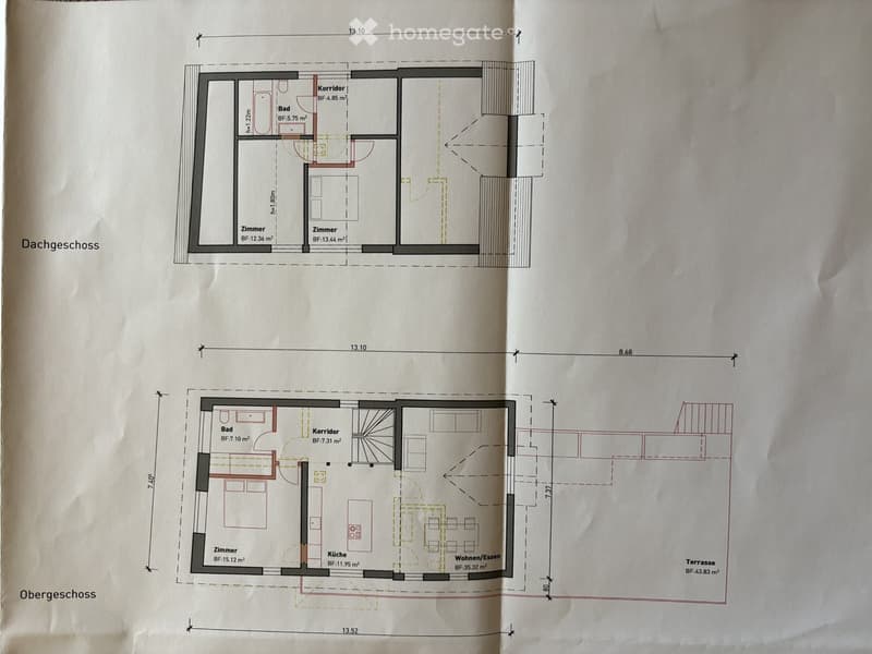 Floor plan showing two levels: upper level with living/dining area, kitchen, bedroom, and bathroom; lower level with two bedrooms, bathroom, and corridor.