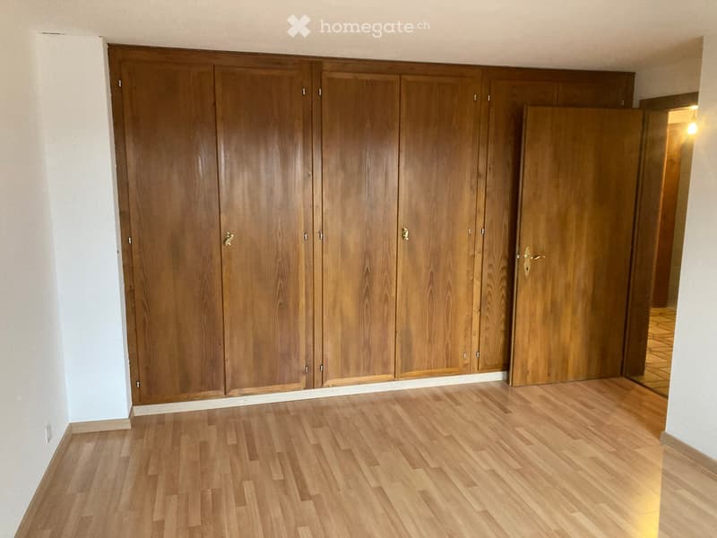 Empty room with wooden floor and large built-in wooden wardrobes.
