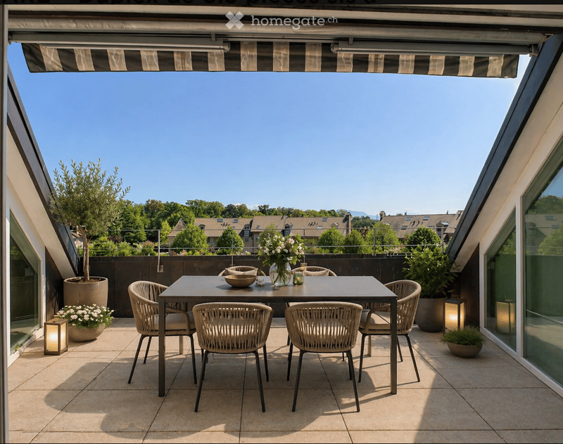 A modern rooftop terrace with a dining table, six chairs, a vase with flowers, and potted plants, shaded by a retractable awning.