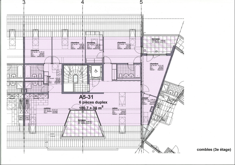 Floor plan of a 6-piece duplex apartment with 3 bedrooms, a dressing room, a living room, a kitchen, and a terrace.