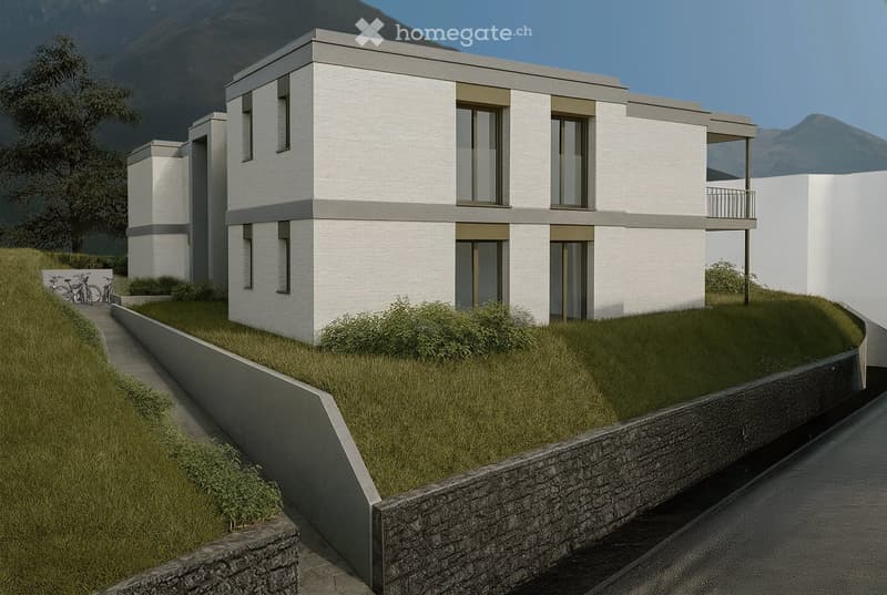 modern design, white exterior, raised ground floor, balcony, landscaped garden, mountain view