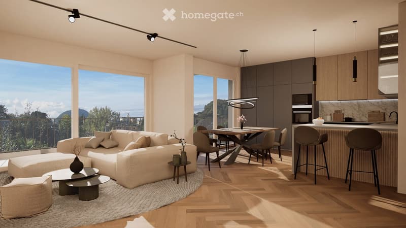 large windows, balcony, wooden floor, modern furniture, dining table, kitchen island