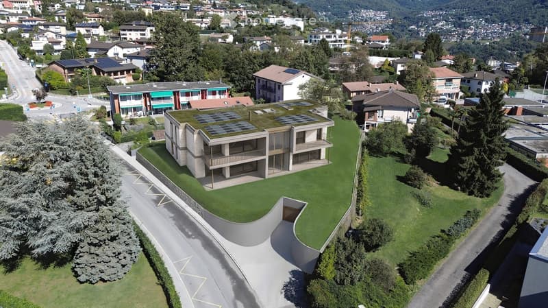 Modern house, raised ground floor, solar panels on the roof, balcony, green lawn