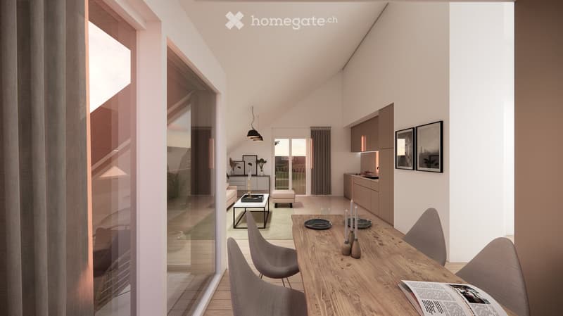 Modern, open-concept living and dining area with large windows, a sofa, coffee table, dining table with chairs, kitchen cabinets, and decorative items.