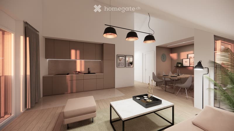 Modern, open-concept living and dining area with a white coffee table, sofa, dining table with chairs, sleek kitchen cabinets, and decorative items.