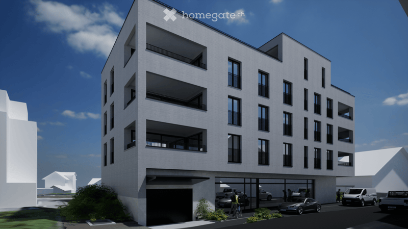 Modern multi-story residential building with balconies, large windows, and a covered parking area.