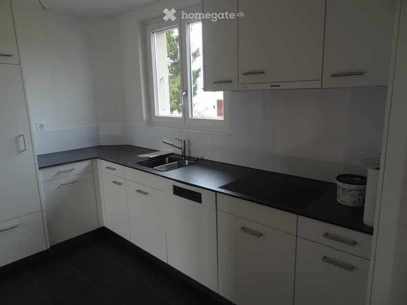 Modern kitchen with white cabinets, black countertops, and stainless steel sink and faucet.