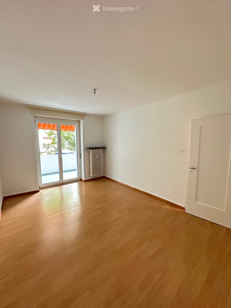 Empty room with light wooden flooring, white walls, a sliding glass door leading to a balcony, and a radiator on the wall.