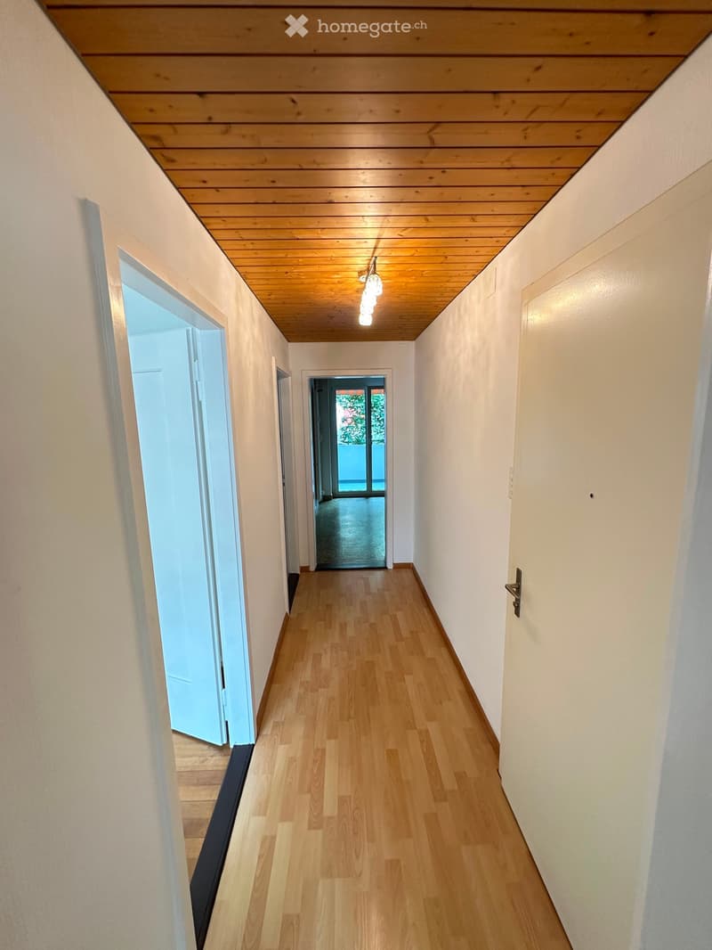 A long, narrow hallway with light wooden flooring, white walls, and a wooden ceiling. The hallway features several doors and a light fixture hanging from the ceiling.