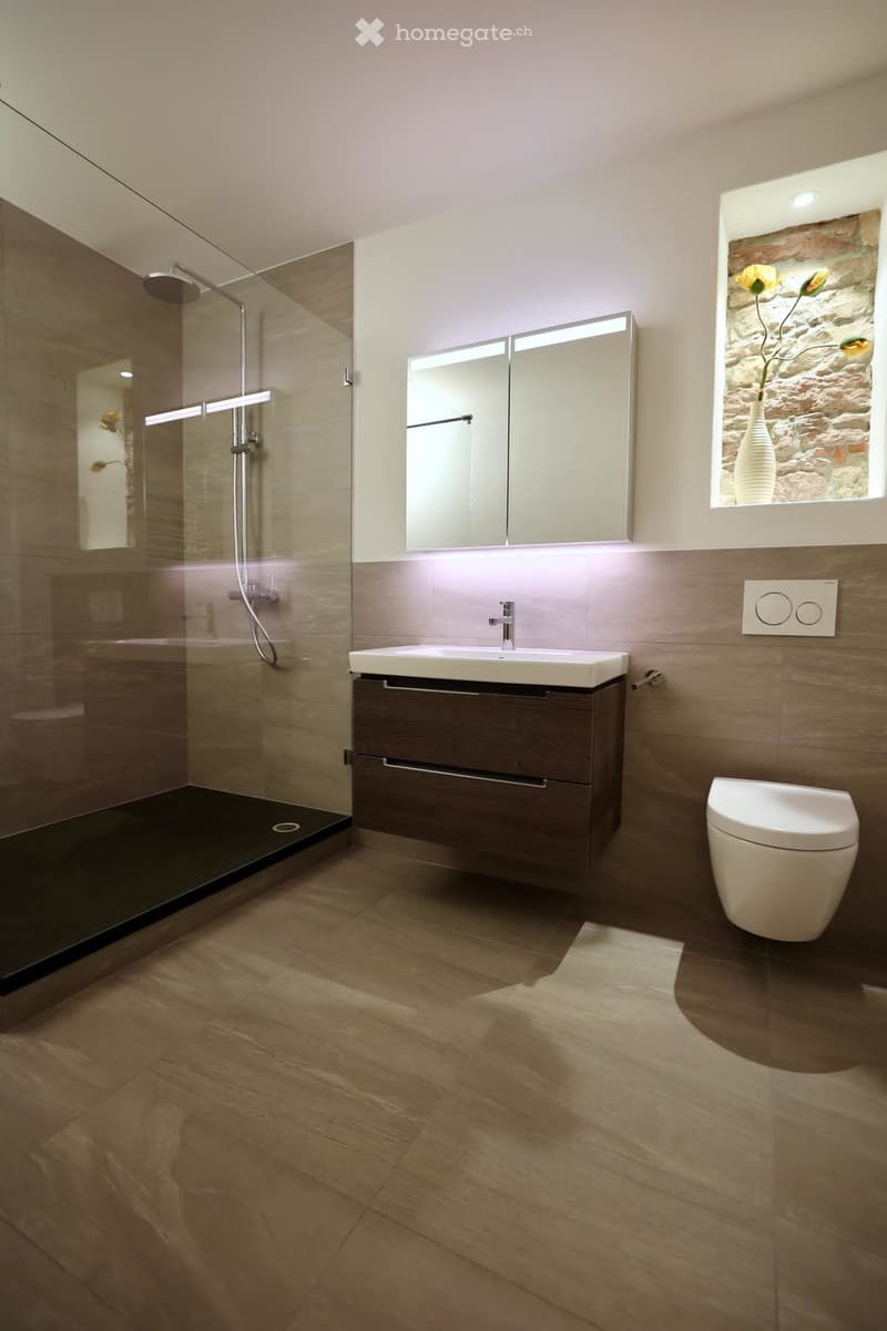 Modern bathroom with a glass-enclosed shower, a dark wooden vanity with a white sink, a toilet, and a large mirrored cabinet above the sink. The floor is tiled in a warm beige color.