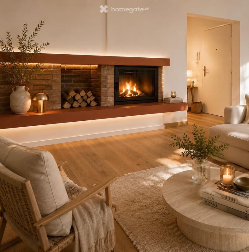 Modern living room with a central fireplace, wooden flooring, a sofa, a chair, a coffee table, and decorative items including books, vases, and candles.