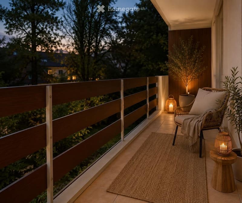 Balcony with wooden railing, wicker chair, small table, lantern, and potted plants.