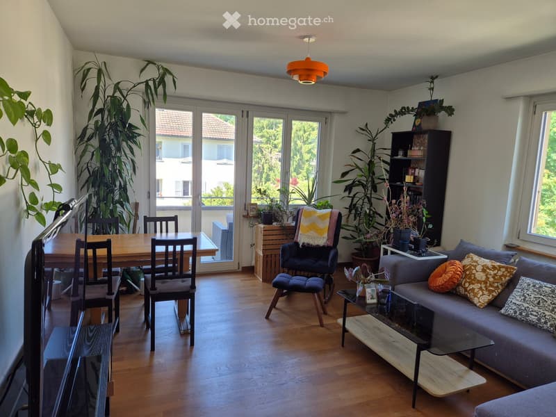 Bright living room with wooden flooring, large windows, and sliding glass doors leading to a balcony. Features a grey sofa with patterned cushions, a glass coffee table, a wooden dining table with chairs, a blue armchair with a blanket, and a bookshelf wi