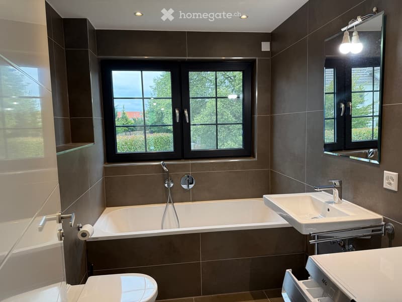 Modern bathroom with dark tiled walls, a bathtub, a sink, a toilet, and a large mirror with built-in lighting. The room features large windows with black frames, allowing natural light to fill the space.