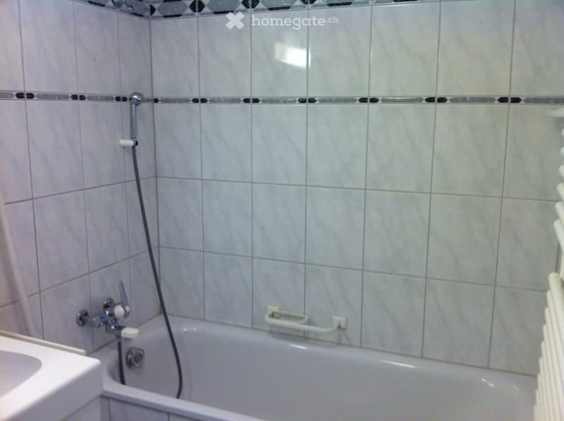 Bathroom with a bathtub, a shower hose, a faucet, and a handrail. The walls are tiled with light-colored tiles and a decorative border.