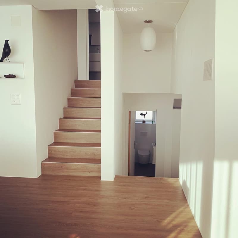 Modern hallway with wooden stairs, white walls, and a pendant light. A small bathroom is visible at the end of the hallway.