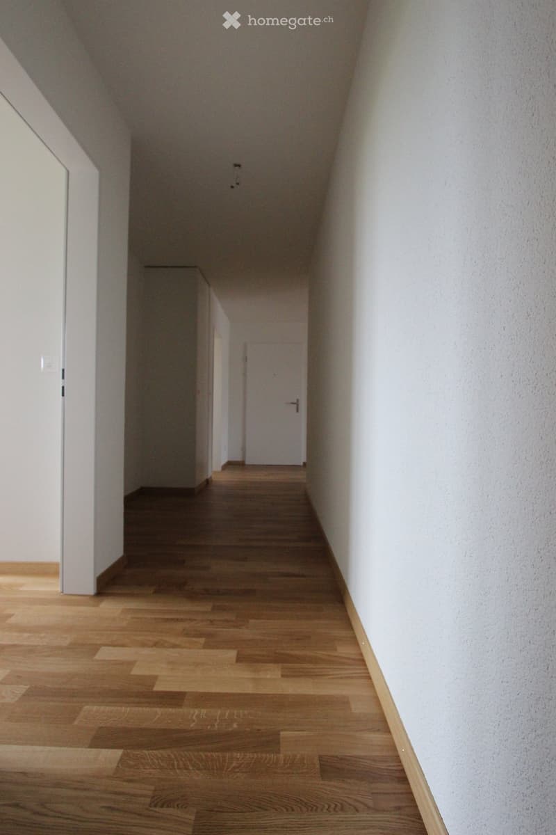 A narrow hallway with wooden flooring and white walls, featuring a closed door at the end.