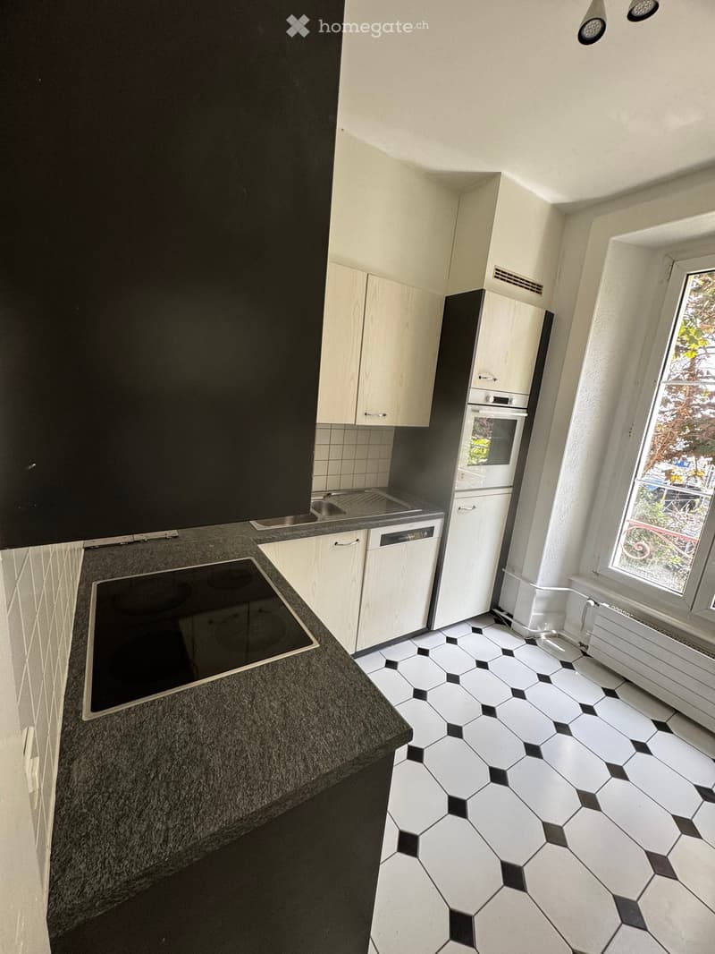 Modern kitchen with white cabinets, black countertop, induction stove, sink, dishwasher, and refrigerator. Hexagonal black and white tiled floor.