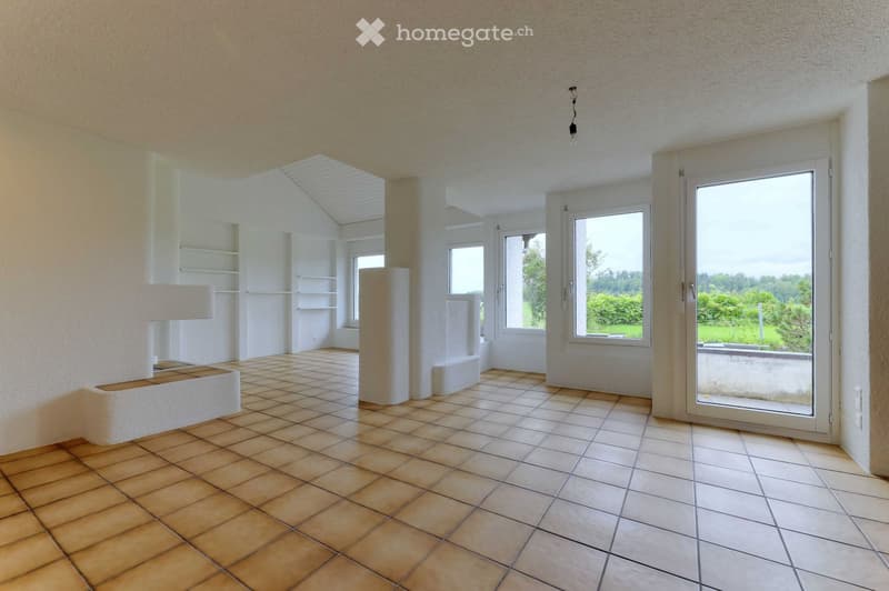 empty room, tiled floor, white walls, large windows, sliding doors