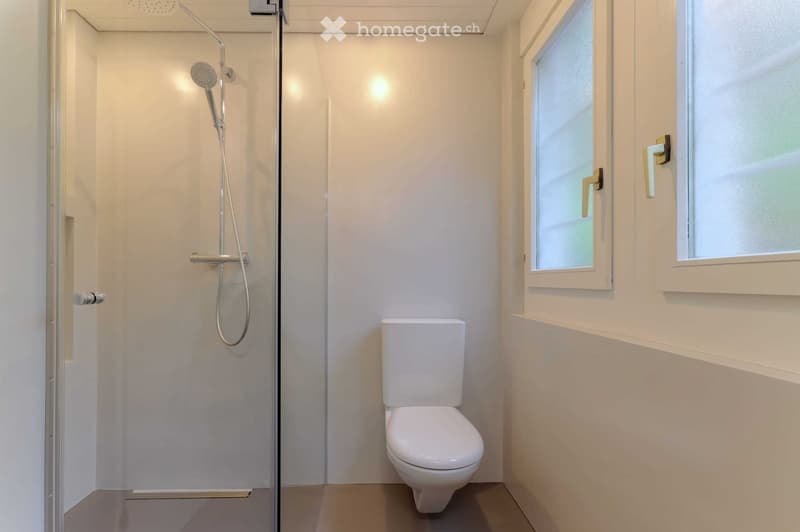 small bathroom with shower, toilet, and window