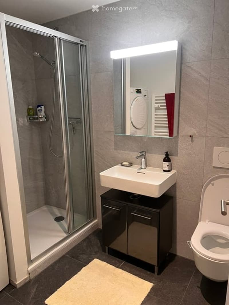 Modern bathroom with a white sink, mirror with LED lighting, toilet, glass-enclosed shower, and a small black cabinet under the sink.