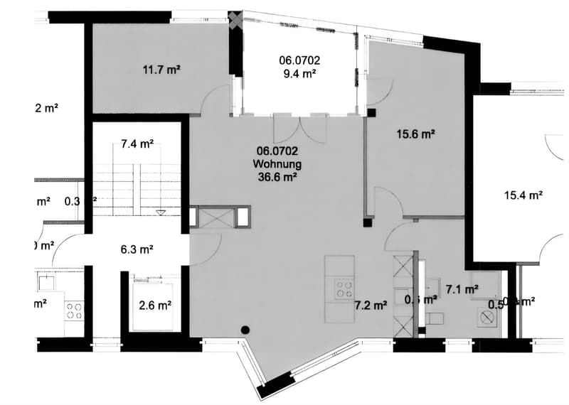 Floor plan of a 36.6 m² apartment with multiple rooms including a living area, bedroom, and bathroom. Room sizes are labeled in square meters.