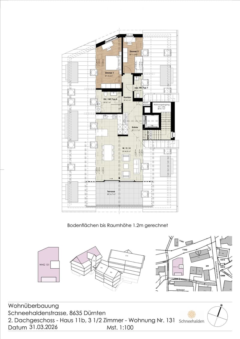 Floor plan of a 3.5-room apartment on the second floor, including two bedrooms, a corridor, a bathroom, an entrance, and a terrace.