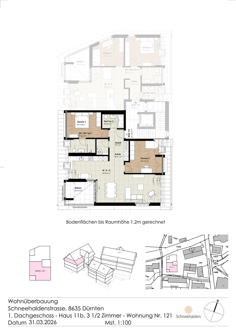 Floor plan of a 3.5-room apartment on the roof floor of a building, including two bedrooms, a bathroom, a kitchen, and a balcony.